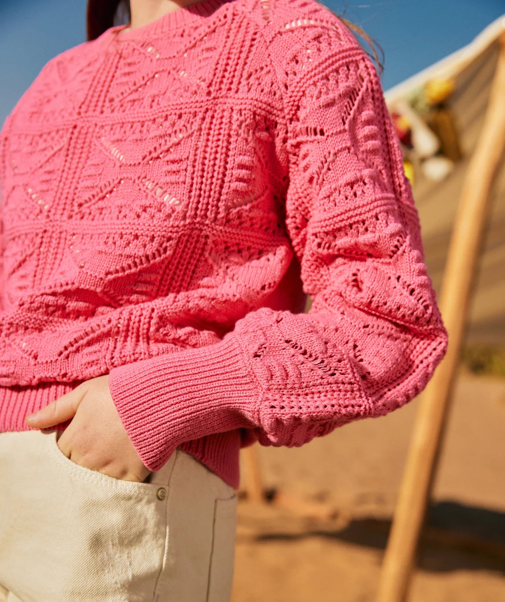 PULL EN CROCHET FILLE EN COTON BIO ROSE