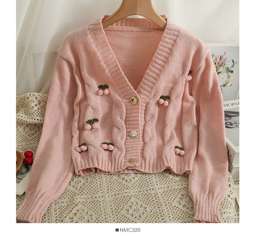 Lemongrass - Set: geribbelde crop top + cardigan met kersenaccent