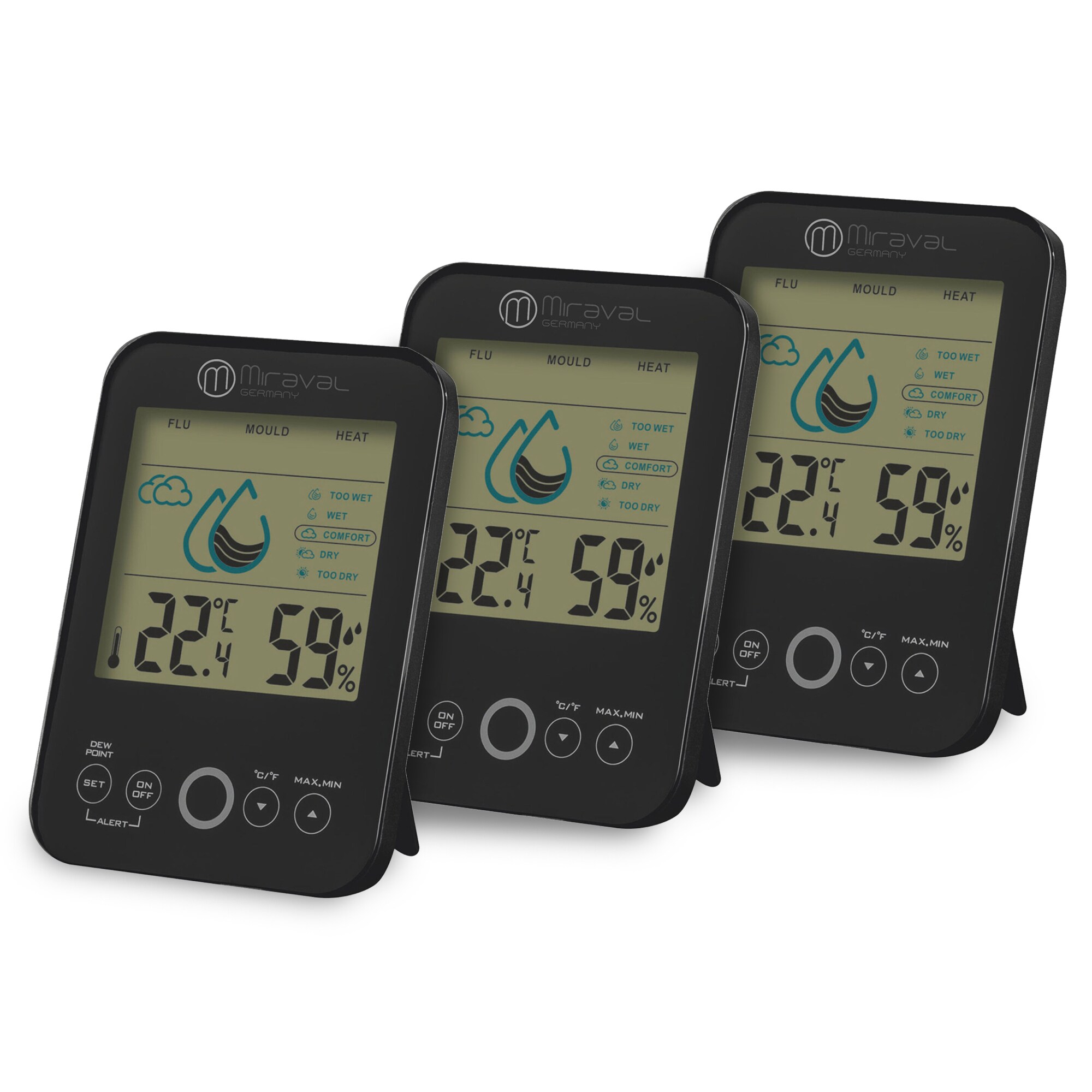 Miraval3x Raumklimastation Schimmelwarner 5 Stufen Lüftungsempfehlung Hygrometer Temperaturstation