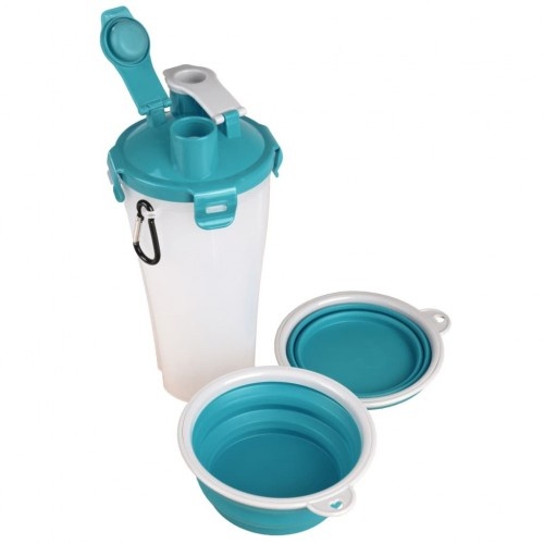 Garrafa de água azul para viagem, ideal para cães.