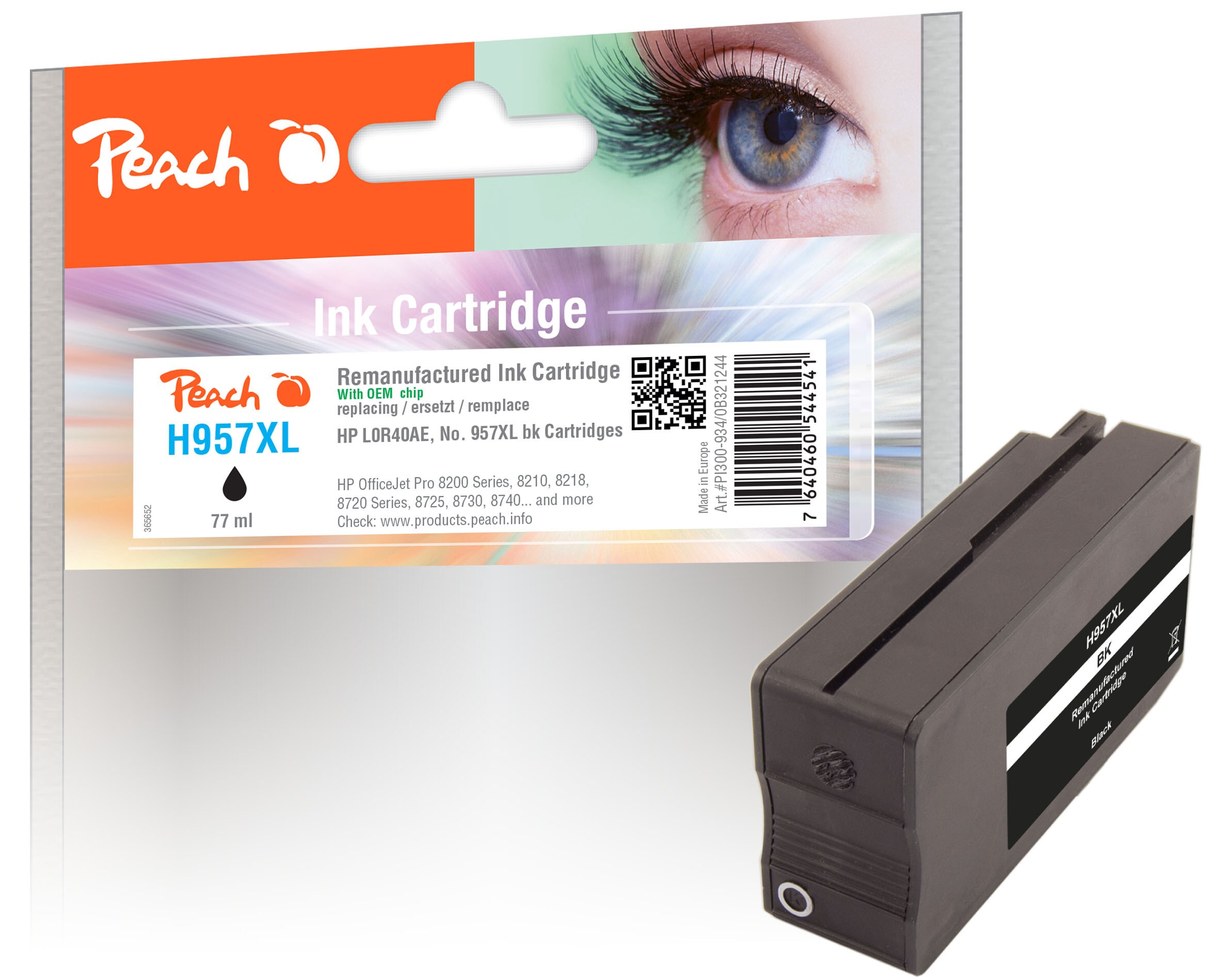 Peach HP 957 XLbk Druckerpatrone XL bk ersetzt HP No. 957XL bk, L0R40AE für z.B. HP OfficeJet Pro 7740 WF, HP OfficeJet Pro 8720, HP OfficeJet Pro 8730 (wiederaufbereitet)