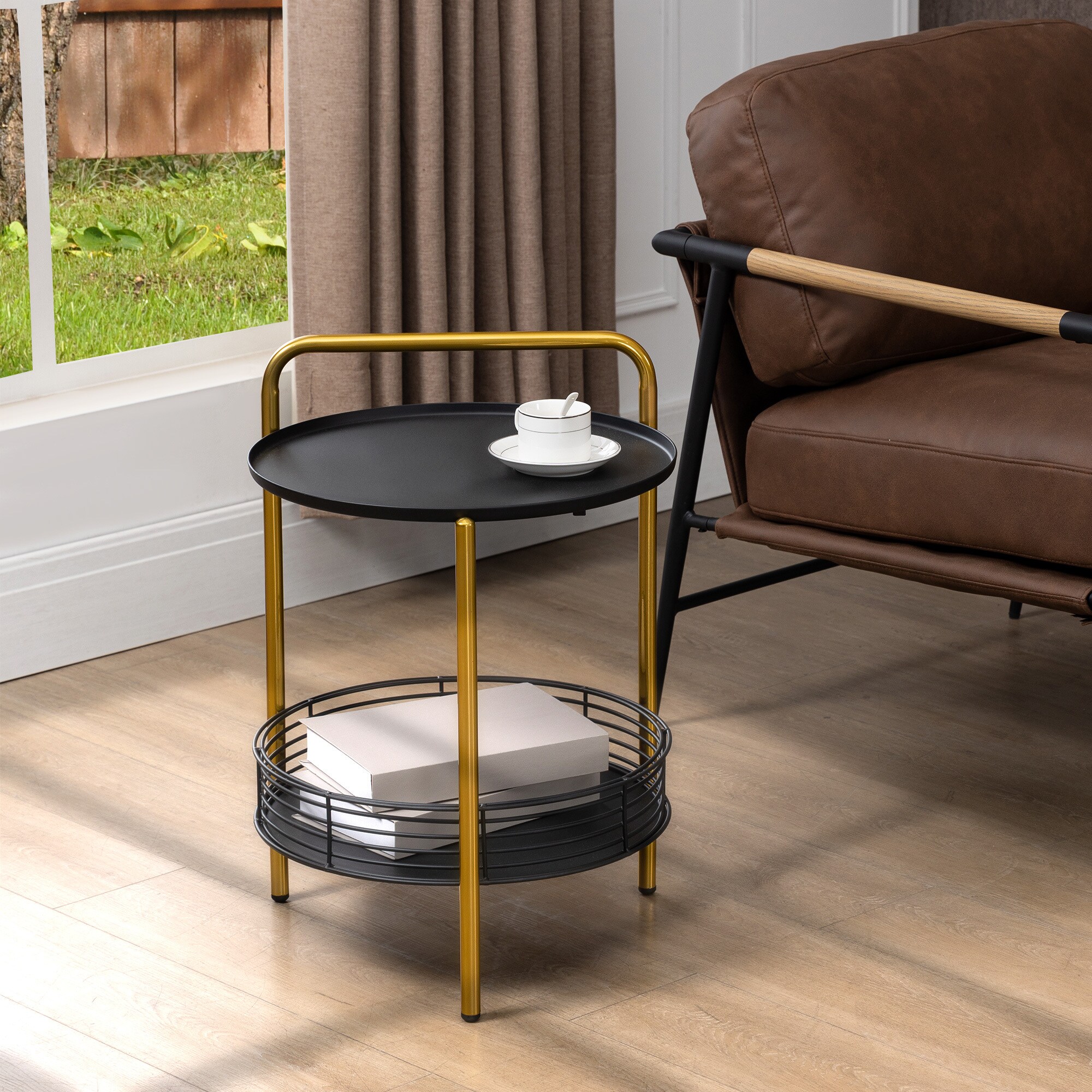 HOMCOM Beistelltisch mit Serviertablett schwarz, gold 43L x 45B x 61,5H cm