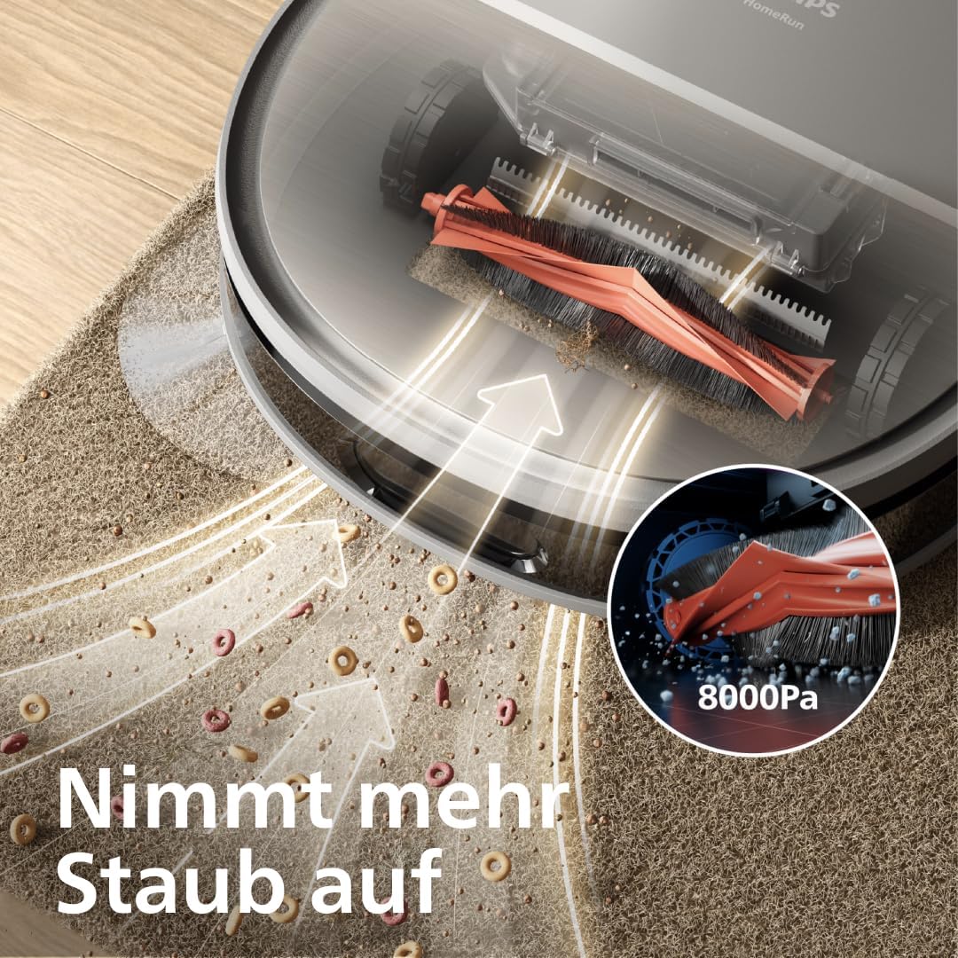 Philips 9000 Series Saug- und Wischroboter - mit automatischer Staubabsaugstation, rollender Wischmop, 8000 Pa Saugleistung, 6300 mAh Akkukapazität, 300ml Staub- und 260ml Wasserbehälter (XU9100/10)