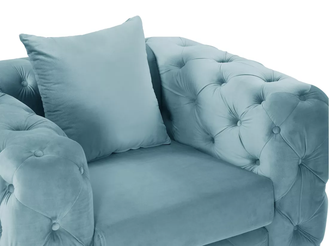 Canapé 3 places, 2 places et fauteuil chesterfield en velours bleu pastel EDWINA