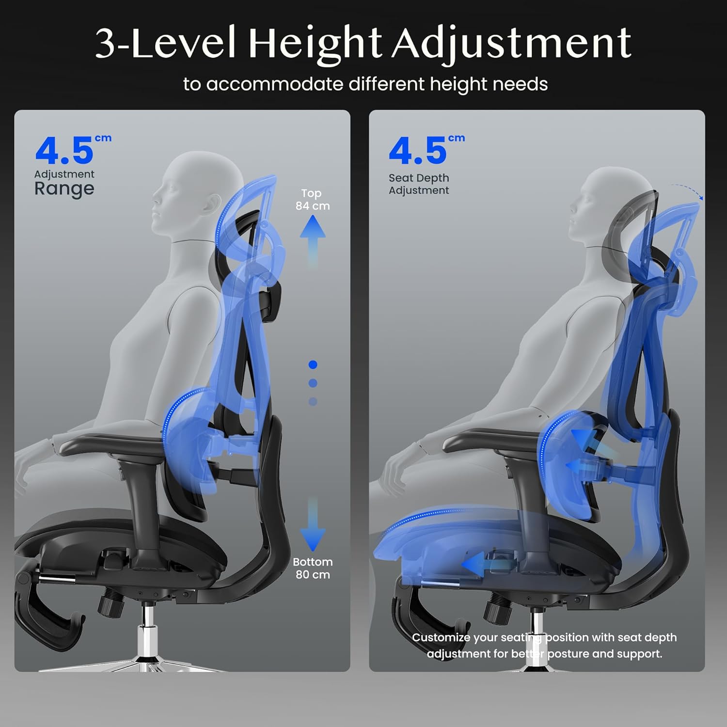 FLEXISPOT Sentinel Ergonomischer Bürostuhl mit Dual-Wing-Lendenstütze, 3D-Kopfstütze & Armlehnen, Verstellbarer Sitztiefe, Rückenlehne, & ausziehbarer Fußstütze, Arbeitsstuhl für Büro (Schwarz)