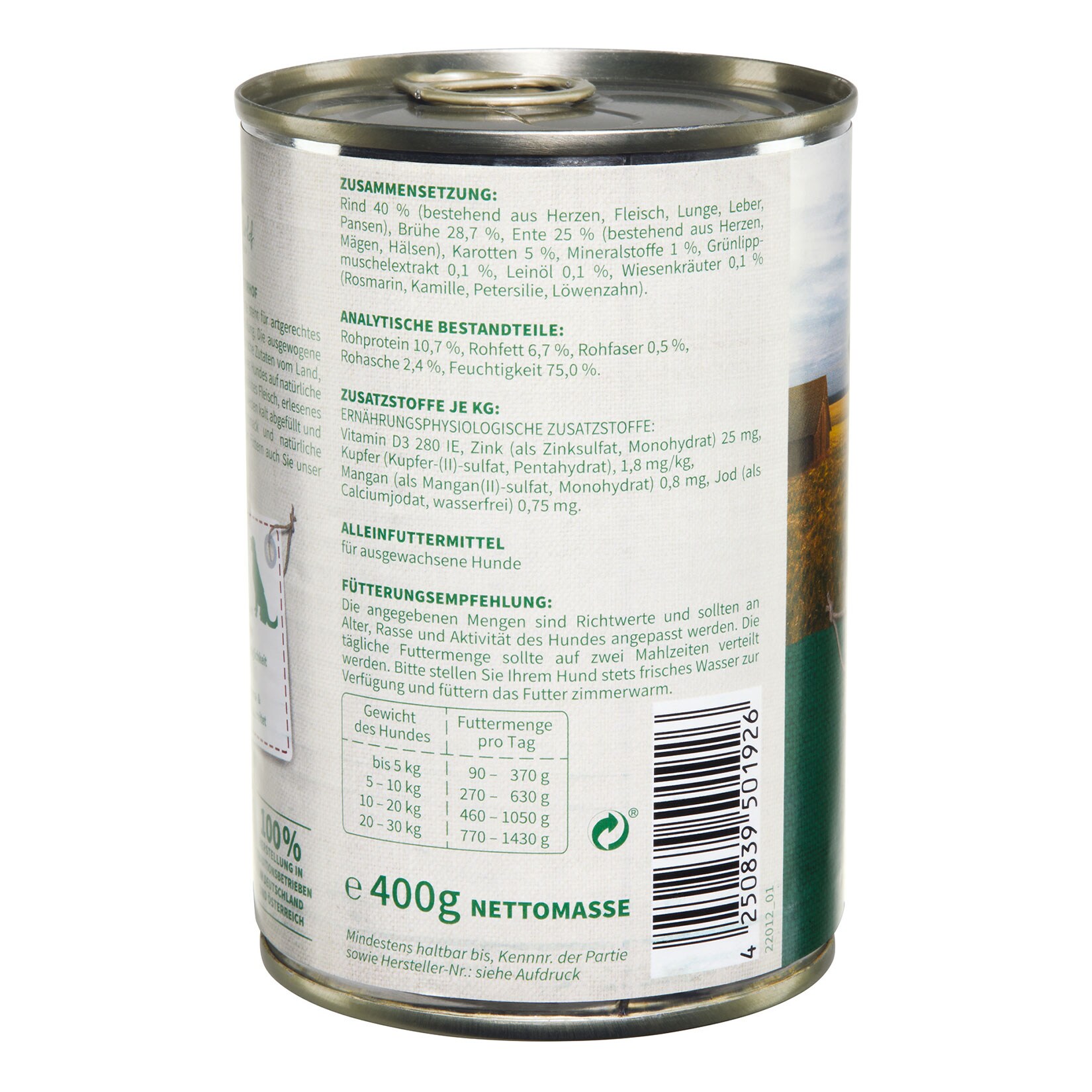 Müllers Naturhof Hundenahrung Rind & Ente 400 g, 6er Pack
