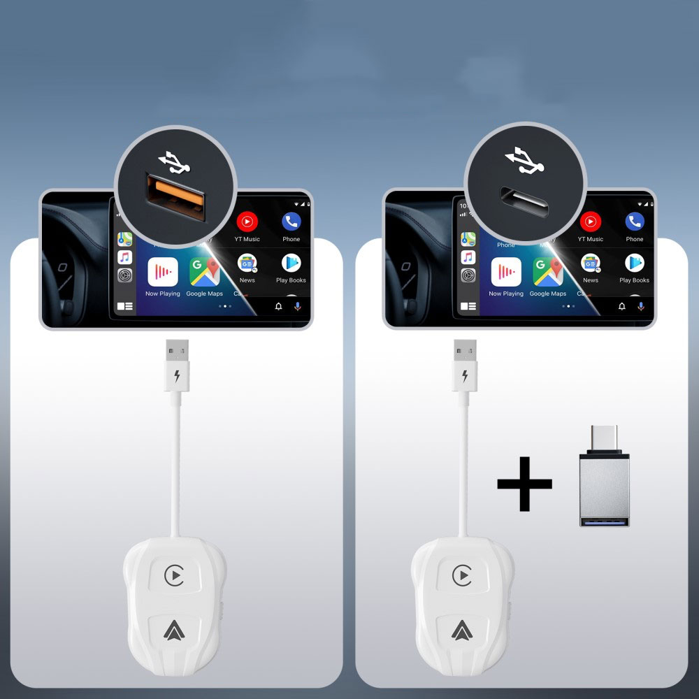 Bluetooth Android Auto / Apple Carplay KFZ USB A Adapter mit USB C Aufsatz für Android / iOS Smartphones (Google Assistant / Siri) - Weiss