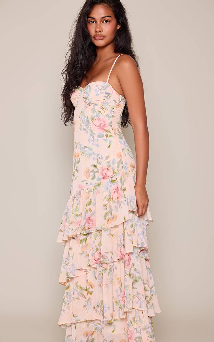 Crème Robe Maxi En Mousseline À Imprimé Floral Avec Ourlet À Volants