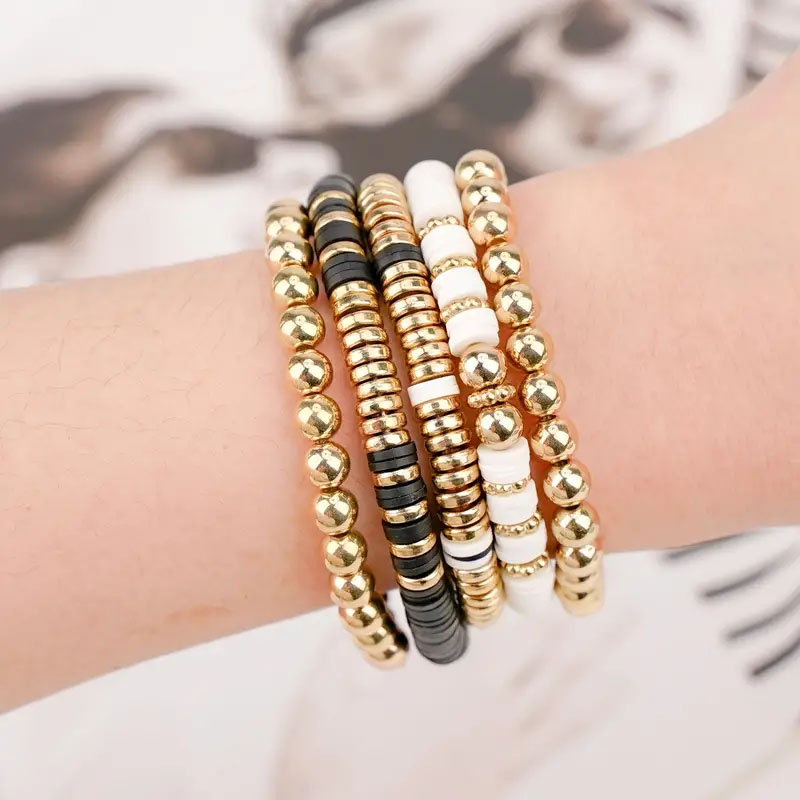(1200-tlg. Set) 6mm Flache Gummi Perlen DIY Bastel Schmuck Runde Zwischenperle inkl. Nylonband für Armband / Kette - Weis / Schwarz / Gold / Silber