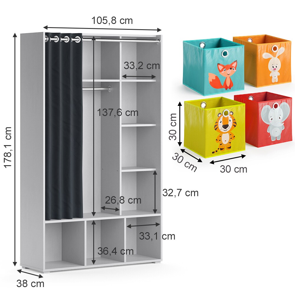 Vicco Kinderkleiderschrank Kinderzimmerschrank Kindergarderobe Luigi Hellgrau Faltbox 106 x 178 cm modern Schrankregal Jugendzimmerschrank Organizer Vorhang Kleiderstange Fächer Aufbewahrung Spielzeugablage