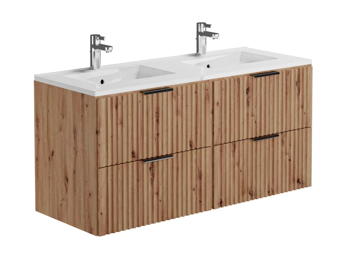 Meuble de salle de bain suspendu strié avec vasque à encastrer - Naturel clair - 120 cm - ZEVARA