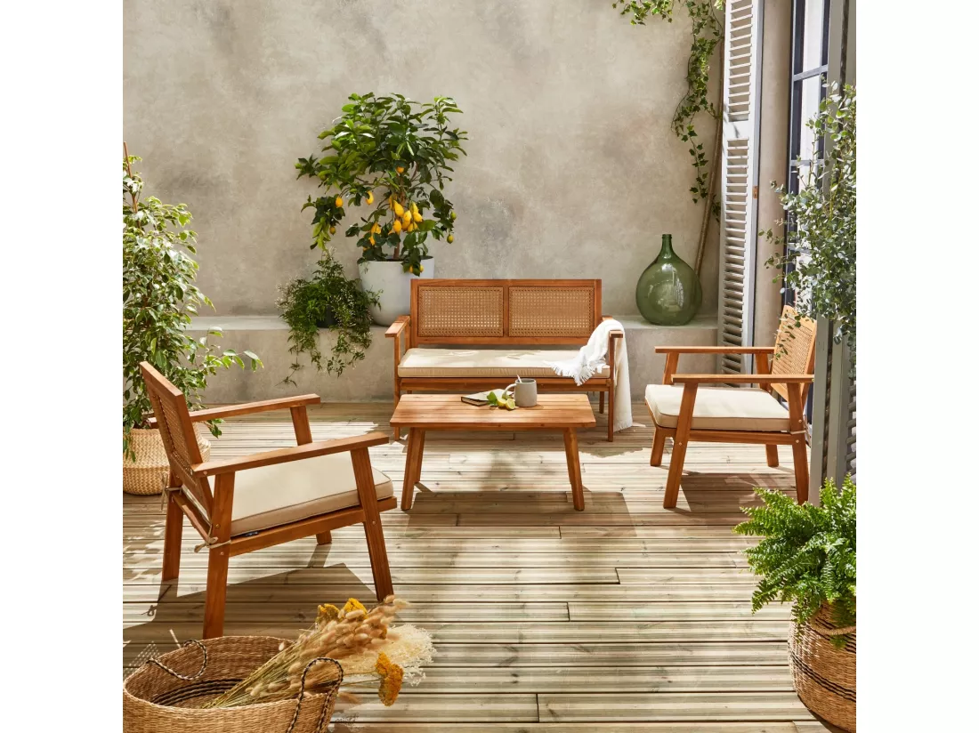Salon de jardin. Bohémia. cannage rond. canapé 2 places. 2 fauteuils. 1 table basse 117x64x74 cm