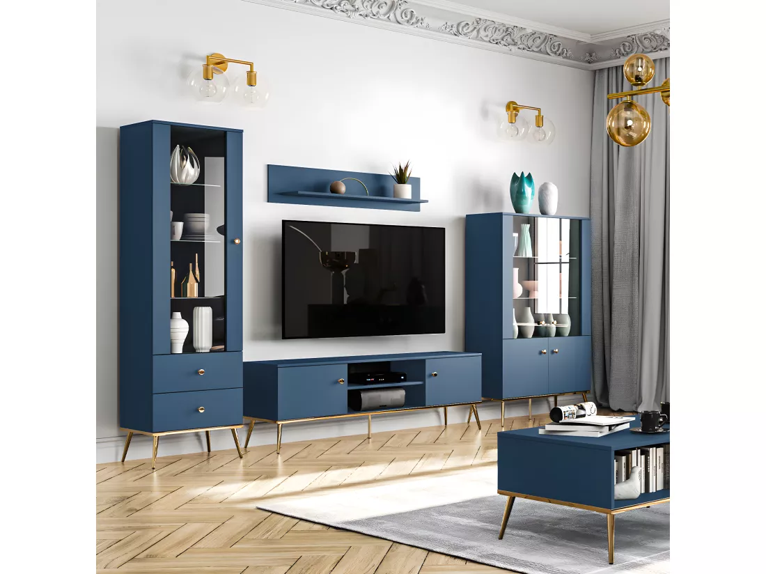 Vitrine 1 porte 2 tiroirs Thalia Bleu