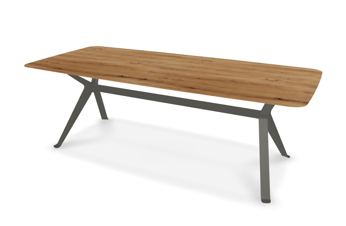 They & Me eettafel Chat – bootsvorm – eiken rustiek lak – RAL7022 ombergrijs 220 x 100 x 75 | Eiken Rustiek lak | Verjongde Rand | Frame RAL7022 ombergrijs