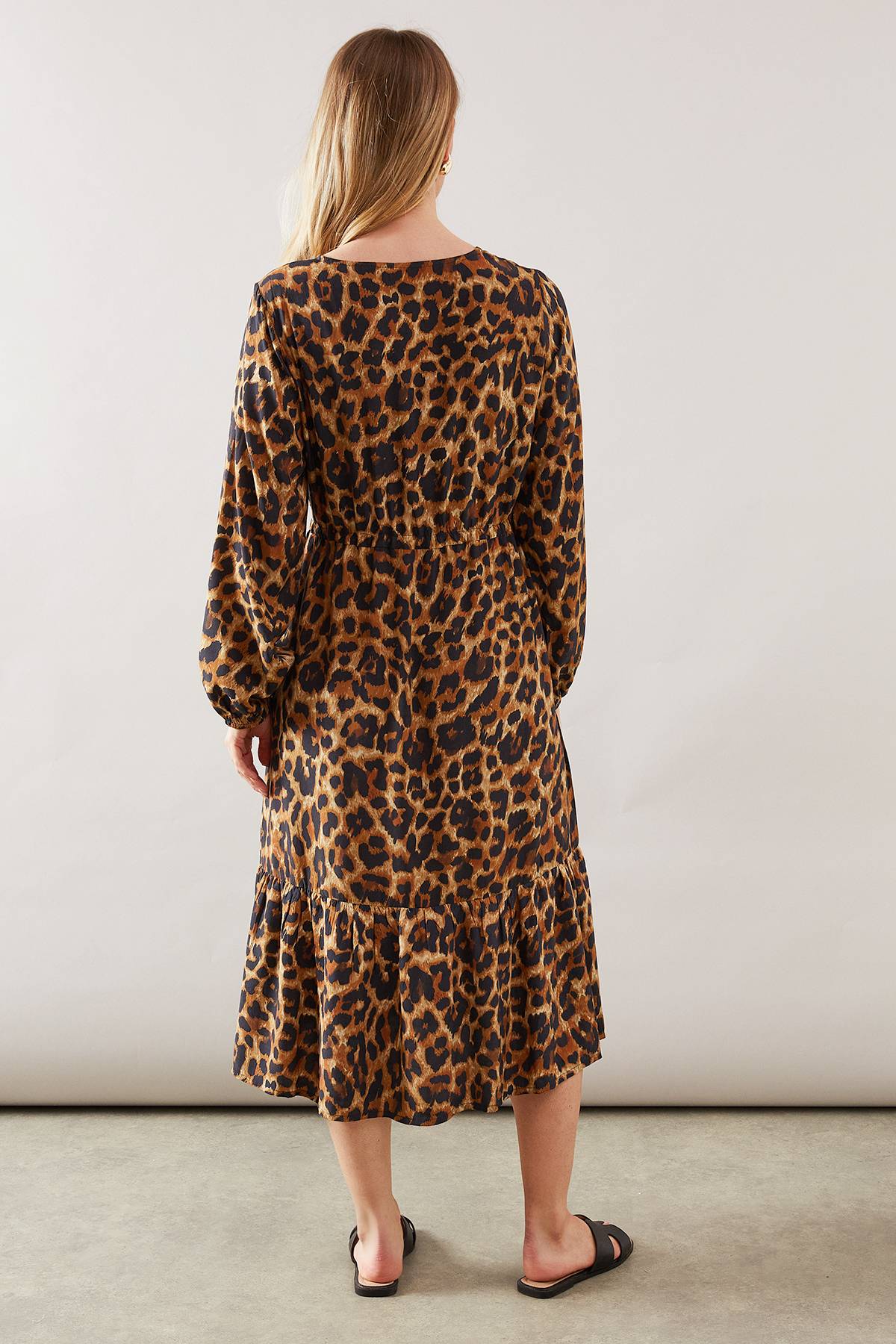 Wallis Robe Midi en Viscose à Imprimé Léopard avec Cordon de Serrage
