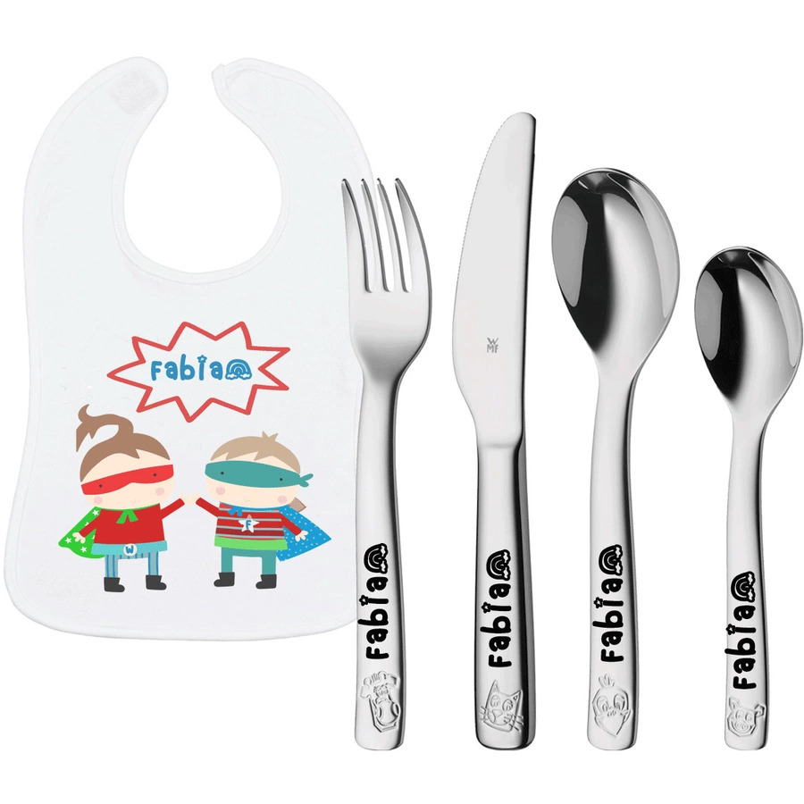 Schnullireich Geschenkset mit Namen WMF Kinderbesteck Farm + Baby Lätzchen Helden Silber