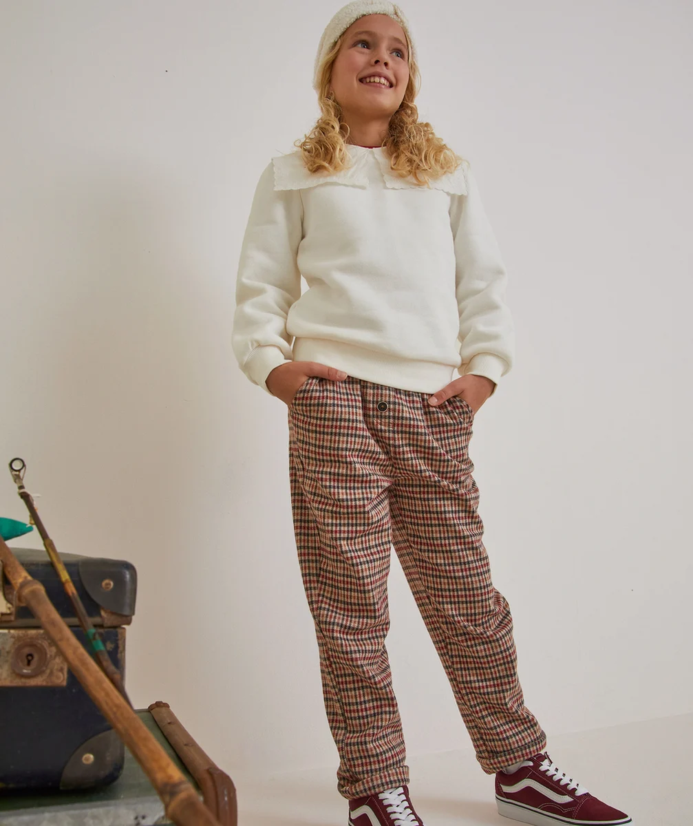 PANTALON À CARREAUX FILLE EN FIBRES RECYCLÉES COUPE DROITE