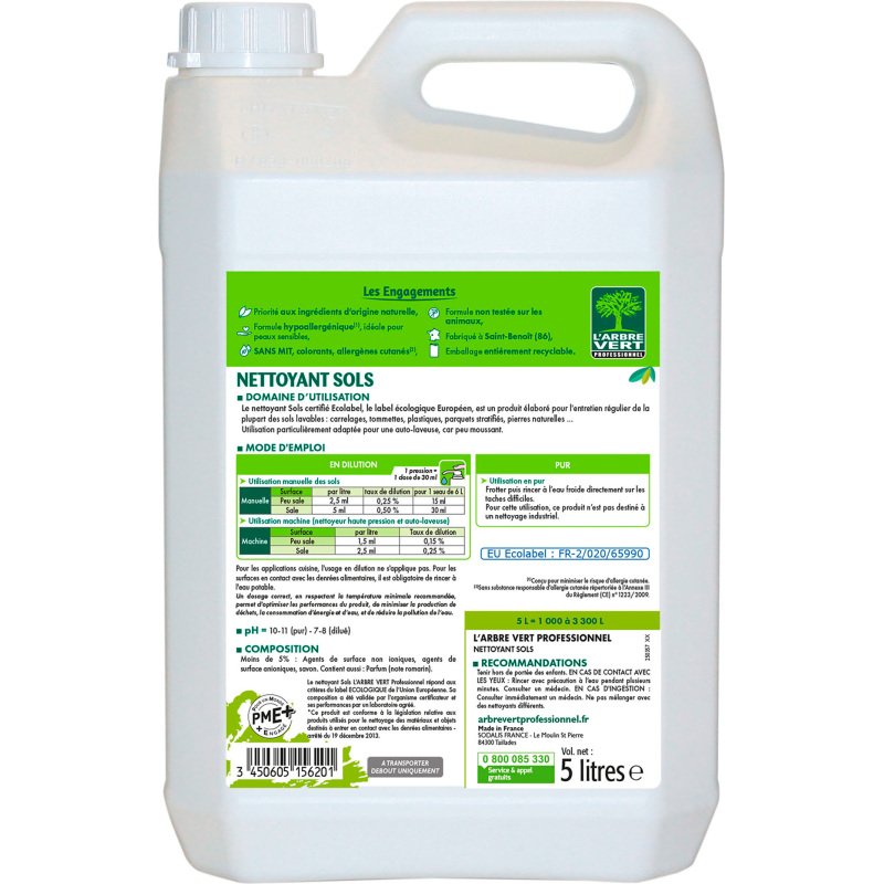 Nettoyant sols romarin L'Arbre Vert professionnel - Bidon de 5 L