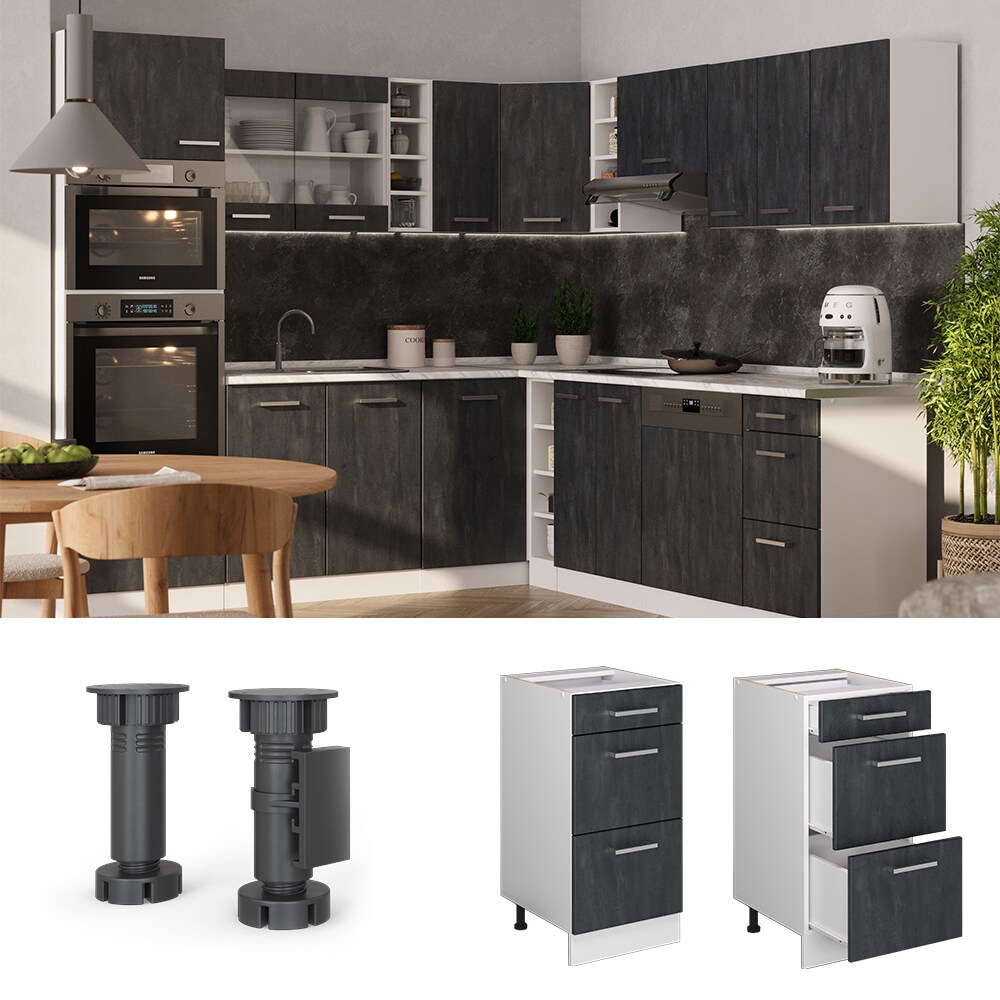 Vicco Schubladenunterschrank R-Line Schwarz Beton Weiß 40 cm ohne Arbeitsplatte