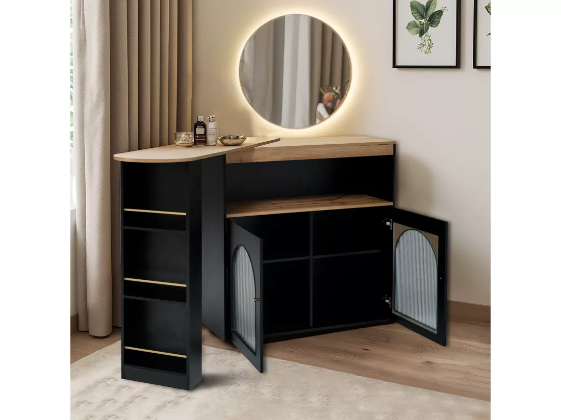 URBAN MEUBLE Vanité extensible rotative moderne noir avec rangement et bande lumineuse LED