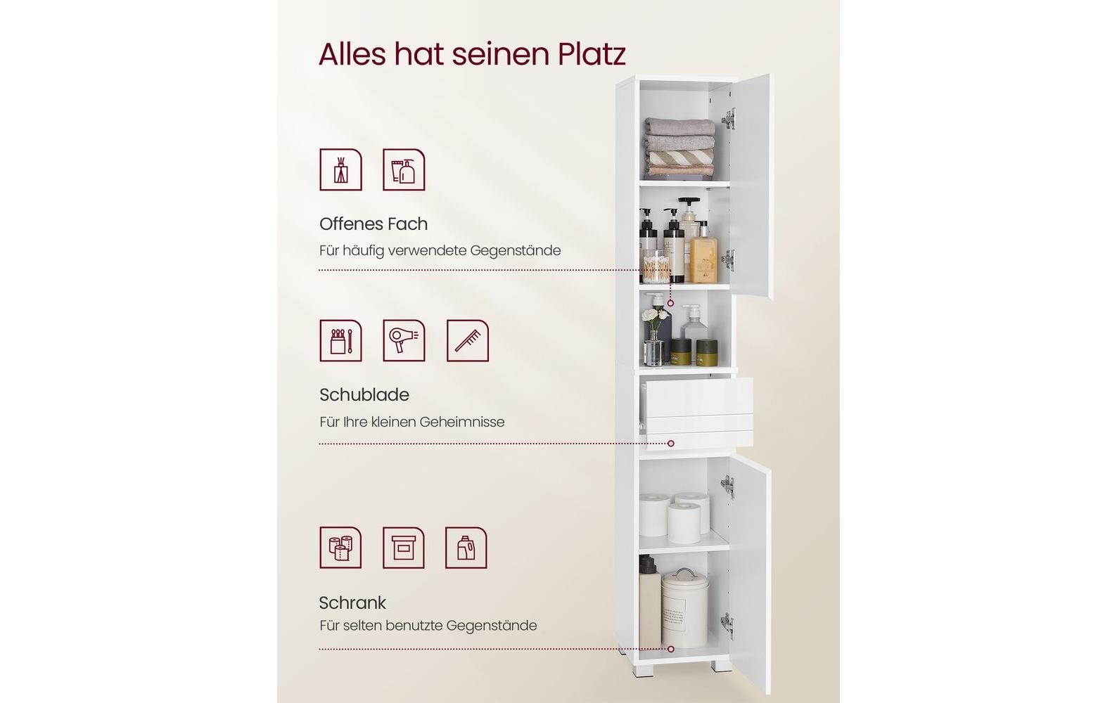 Badezimmerregal 30 x 170 cm, Weiss<br>Schmaler Schrank mit verstellbaren Ablagen