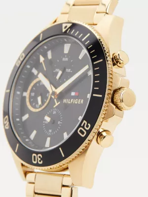 Relógio multifuncional banhado a ouro com pulseira de elos