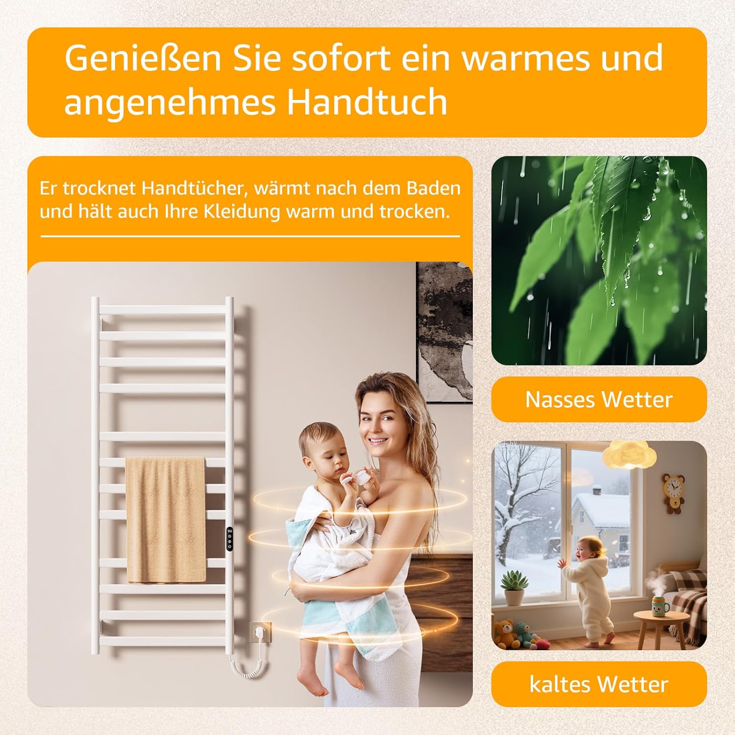 Handtuchheizkörper Elektrisch,Handtuchhalter,Handtuchwärmer,Badheizkörper Elektrisch,Touch Control LED-Bildschirm,360 W Badheizkörper Mit Timer&Einstellbarer Temperatur,Titanstahl (Weiß, 130 * 52cm)