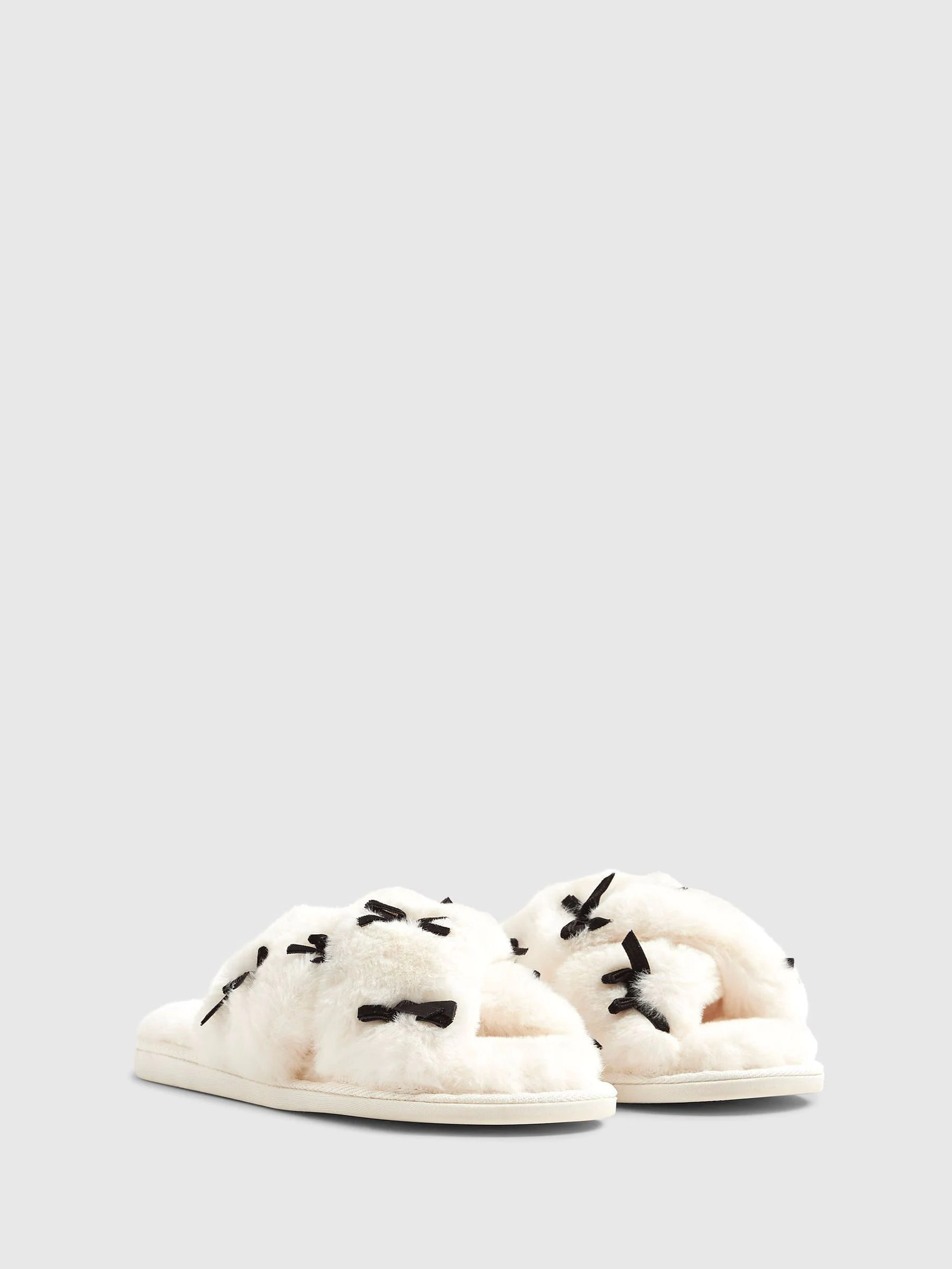River Island Plush Cross Strap Embroidered Bow Slippers