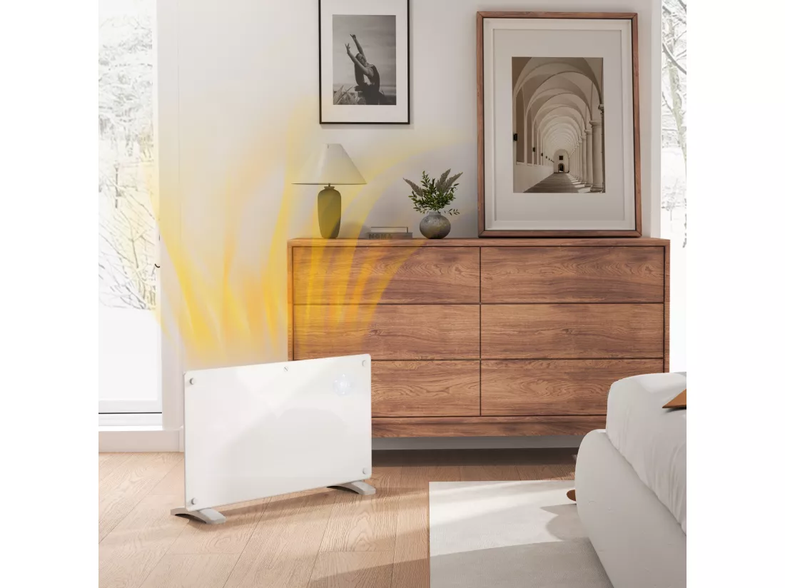 Radiateur à convection 1500W mural autoportant - affichage LED, timer 24h, thermostat, télécommande - verre blanc