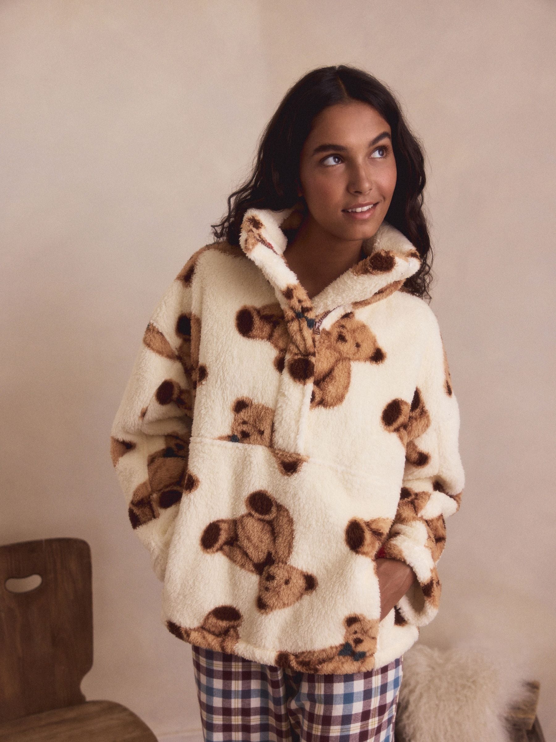 Crème beer - Borg fleece met korte rits