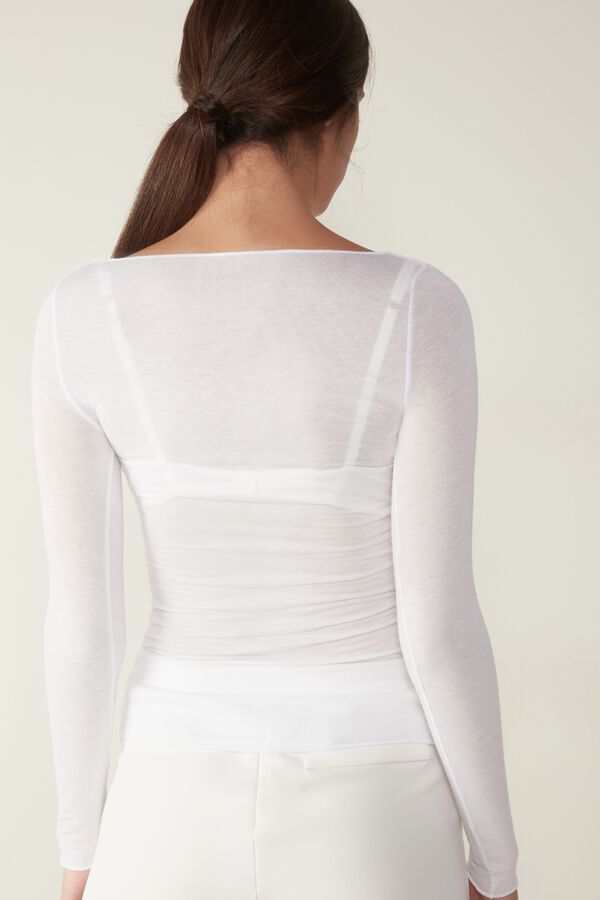 Camiseta de manga comprida ultraleve com decote canoa em cashmere modal