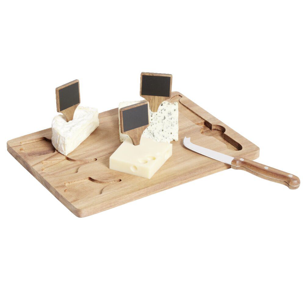 Plateau à fromage en bois avec couteau et 3 pancartes