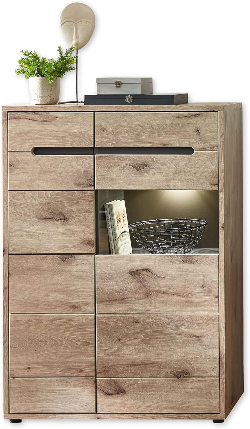 BELLANO Vitrine in Viking Eiche Optik, Graphit - Moderner Vitrinenschrank mit LED-Beleuchtung und viel Stauraum - 90 x 128 x 38 cm (B/H/T)