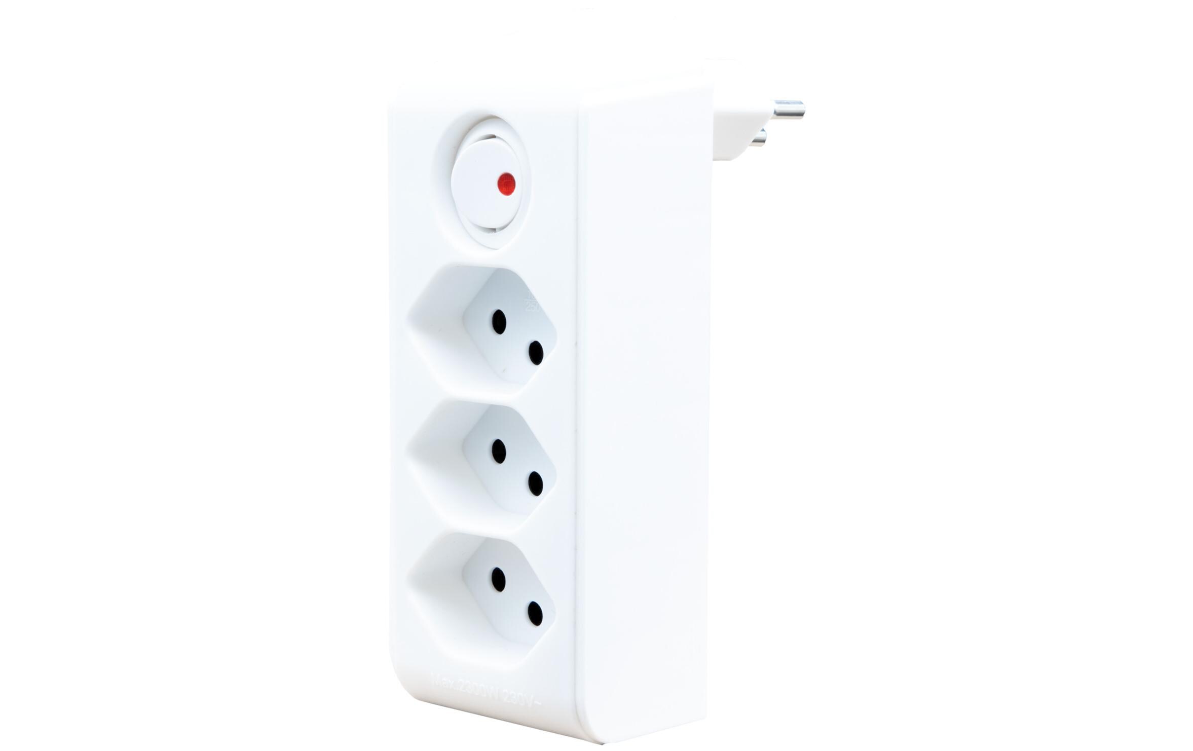 Abzweigstecker 3 x T13, 300° drehbar, WeissMehrfachstecker 230 V mit Schalter