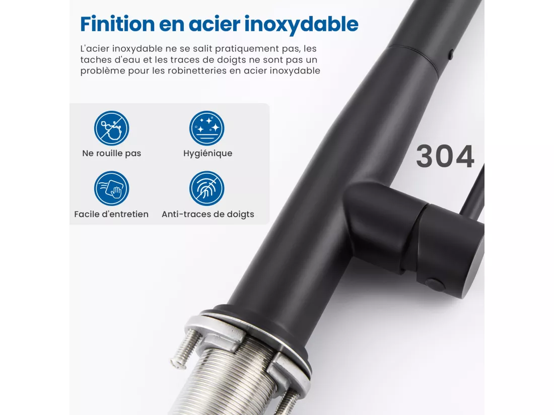 Robinet Cuisine Douchette,Mitigeur Cuisine avec Douchette, Robinetterie Cuisine avec Douchette Extractible Rotatif 360° Eau Froide/Chaude,Noir