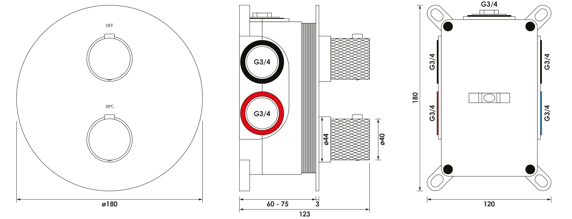 Brauer Chrome Carving 3-weg inbouwthermostaat rond chroom
