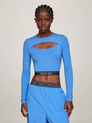 Top cropped super curto com recorte de fita com logo