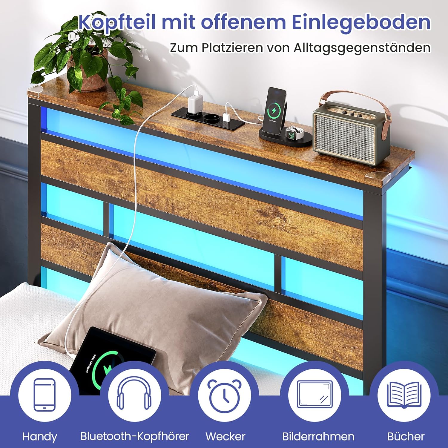 Bett 90x200 mit Lattenrost aus Metall, Einzelbett Bettgestell 90x200cm mit LED Beleuchtung und Ladestation (2 AC-Steckdosen, 1 USB-Anschluss und 1 Type-C-Anschluss) Metallbett mit Kopfteil MD1339156
