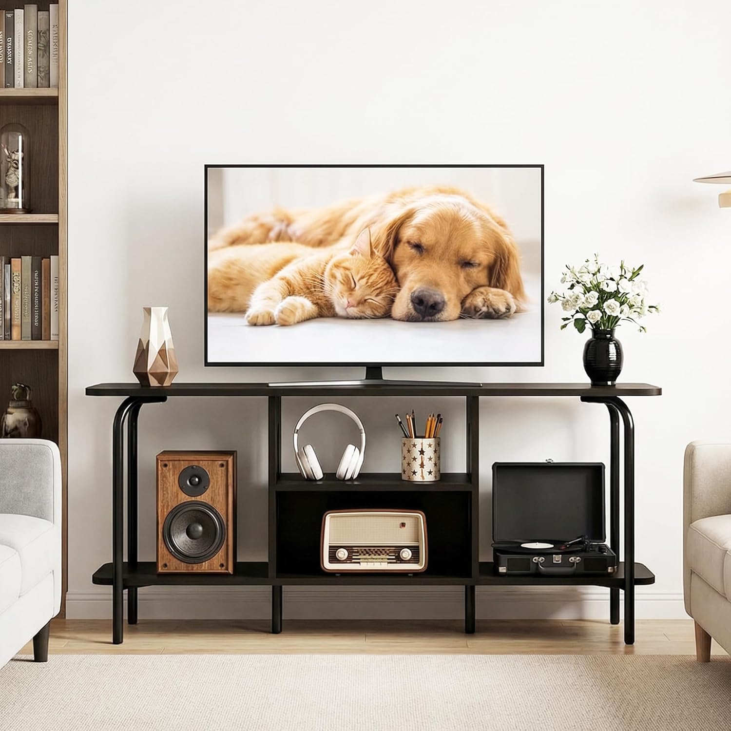 Manora TV Schrank Schwarz 120cm Lang mit Lowboard Funktion,Modern TV Board mit 4 Offenen Fächern,Fernsehtisch Hoch Bräunlich-schwarz，TV Tisch mit Metallfüßen,TV Sideboard für Wohnzimmer