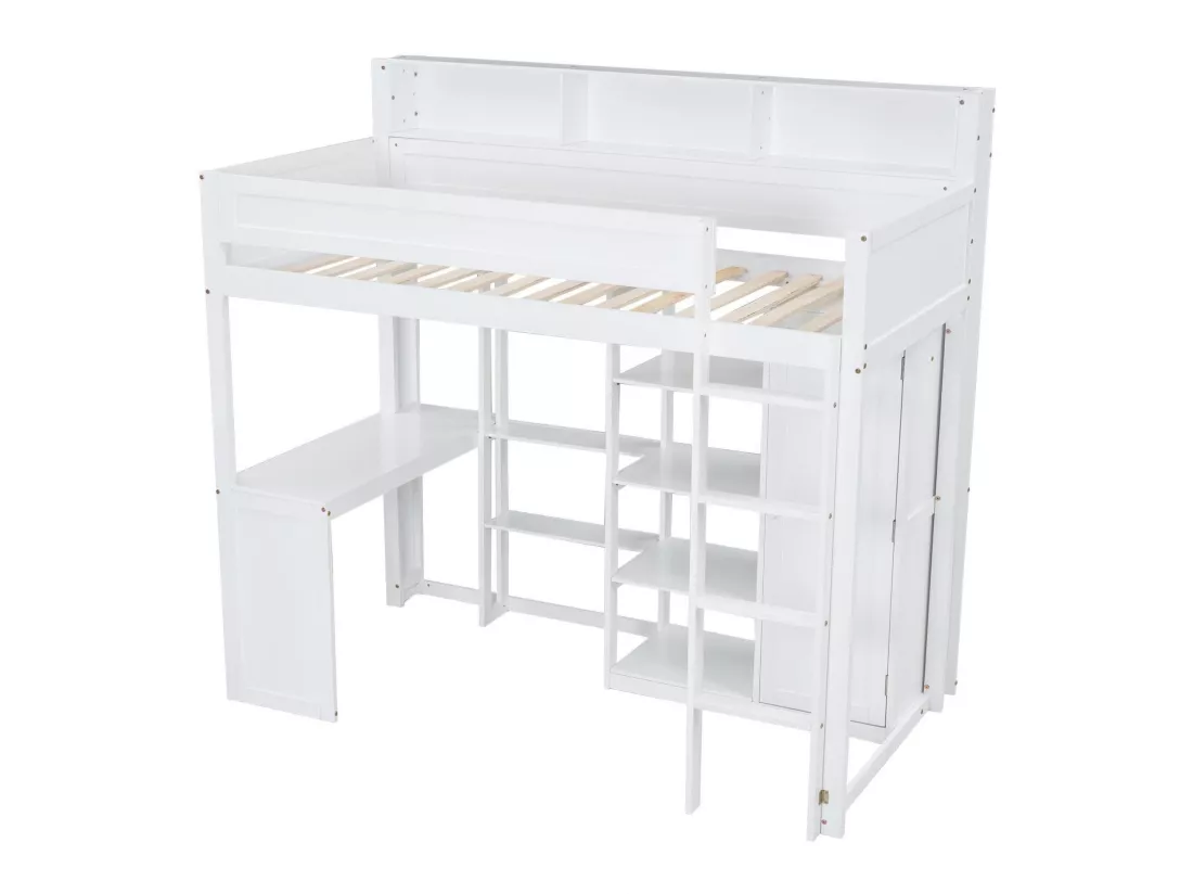 Lit mezzanine en bois de pin et MDF - 90x200 cm - avec étagères au-dessus、bureau et armoire - Blanc