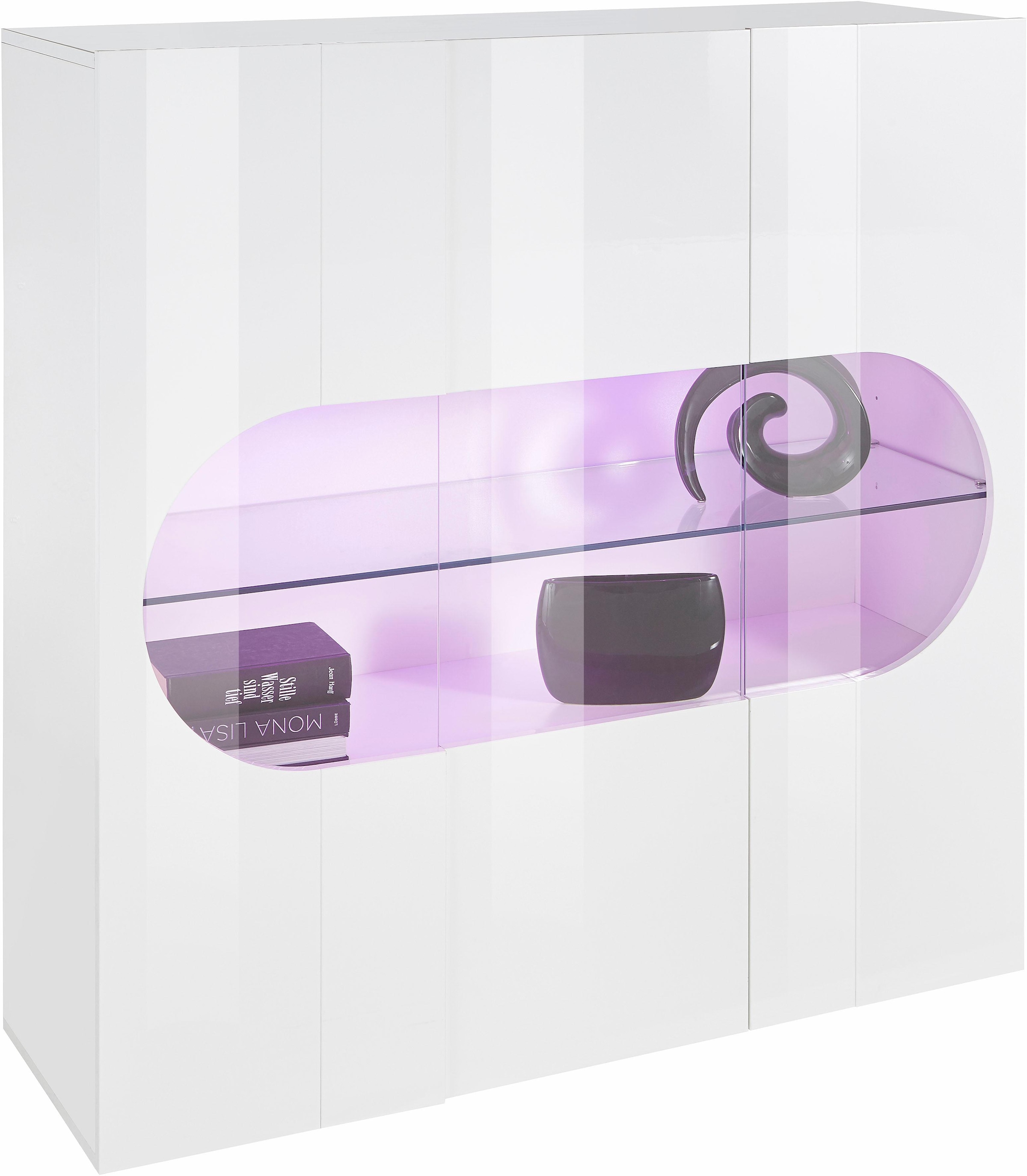 INOSIGN Highboard »Real,Highboard,Kommode,Schrank mit 3 Türen,komplett hochglanz lackiert« mit 3 Türen, davon 2 aus Glas, mit einer grossen Glasablage, Höhe 121