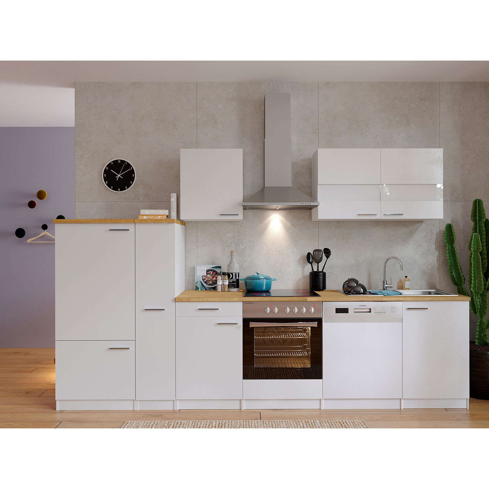 RESPEKTA Küchenblock - weiß - mit E-Geräten - 310 cm