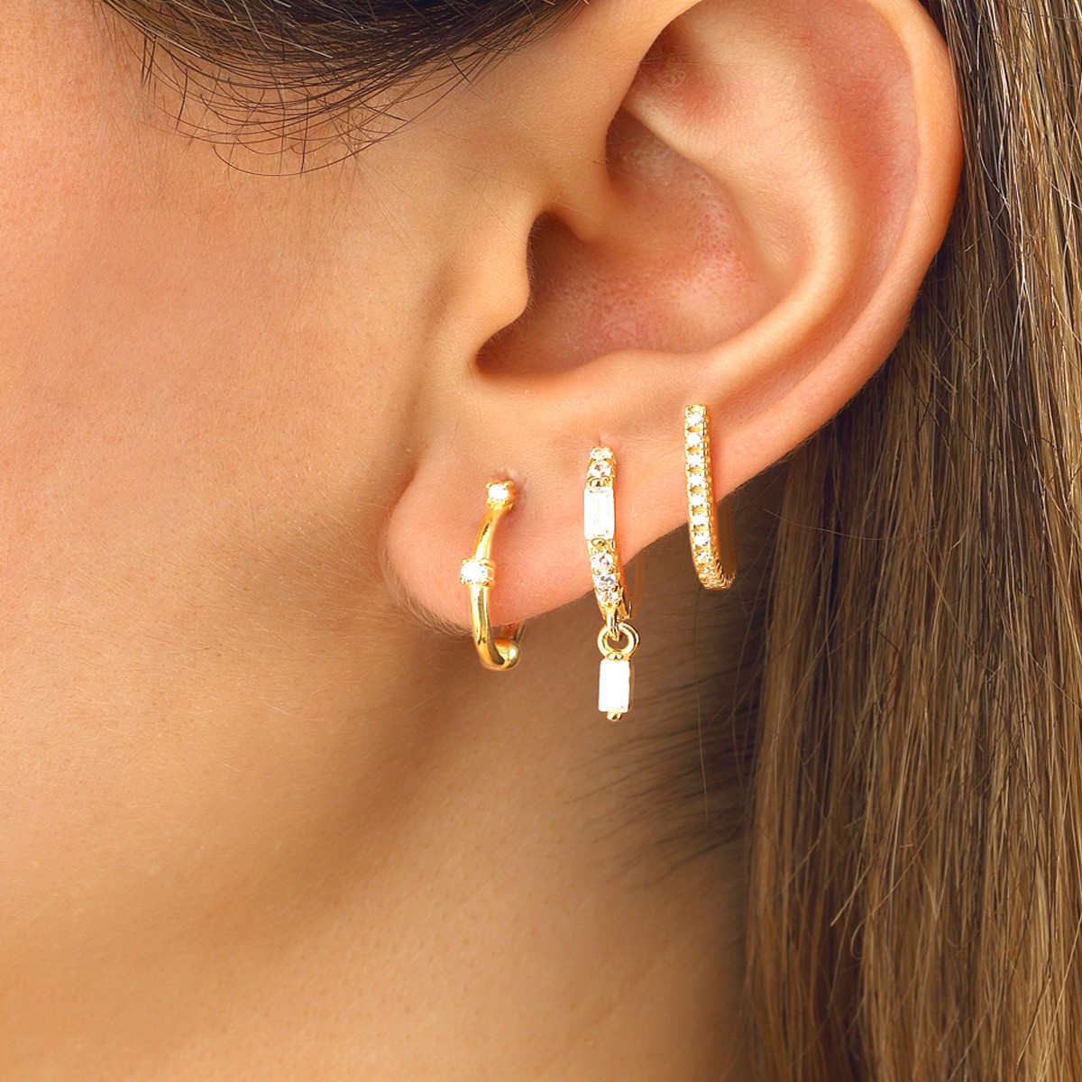 Set de 3 boucles d'oreilles - Argent 925/000 plaqué or & zircons