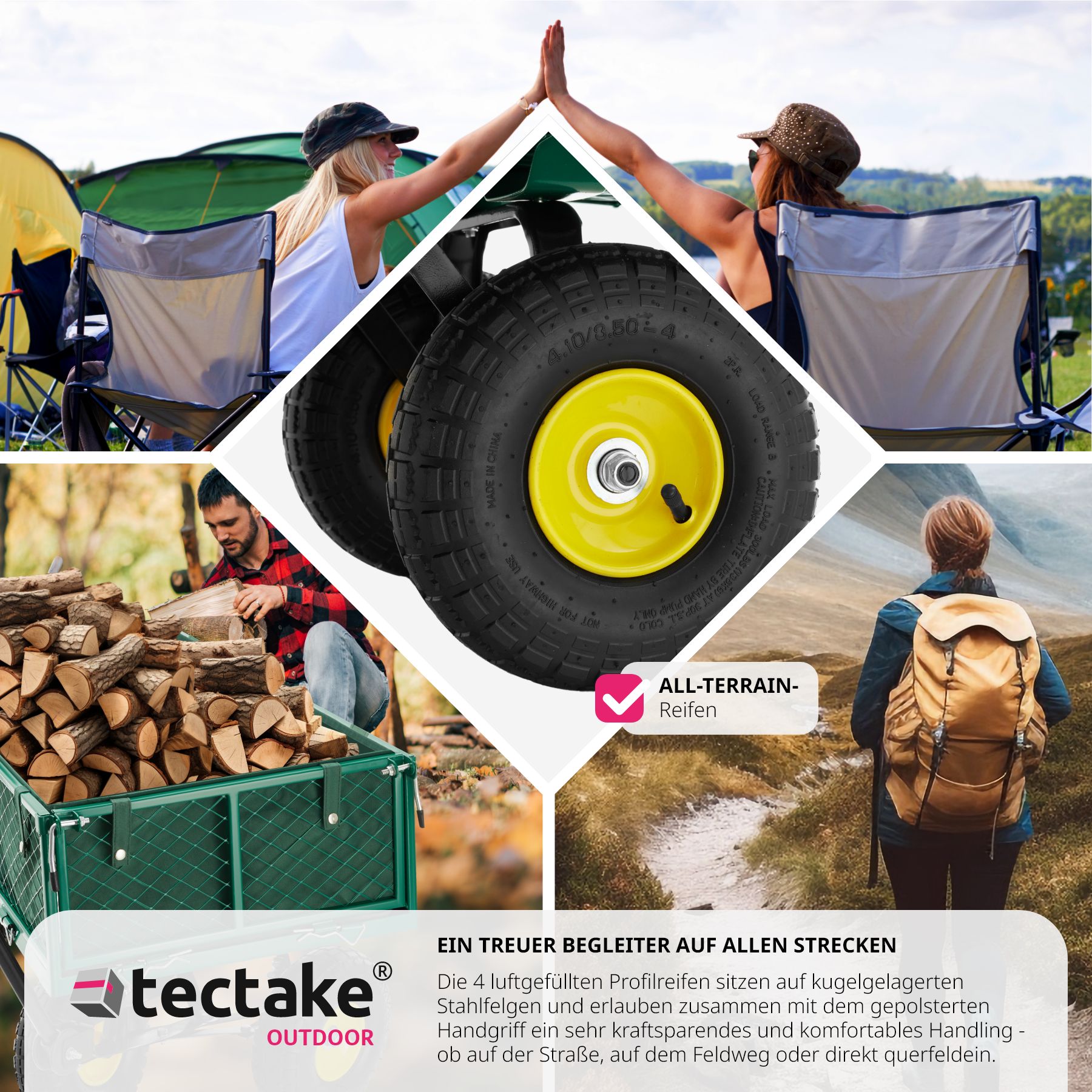 tectake® Bollerwagen, mit klappbaren Seitenwänden, leichtgängige Lenkachse mit gepolstertem Griff, Belastbarkeit 350 kg