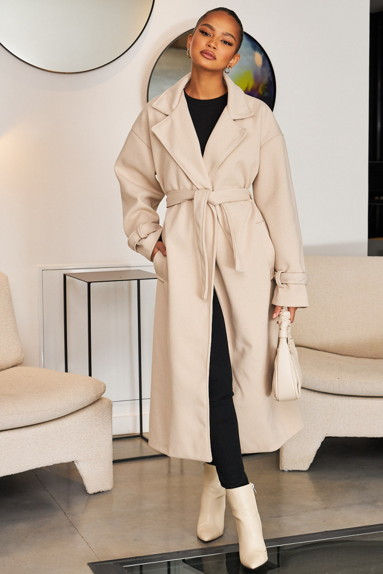 Manteau épais long côtelé style trench écru