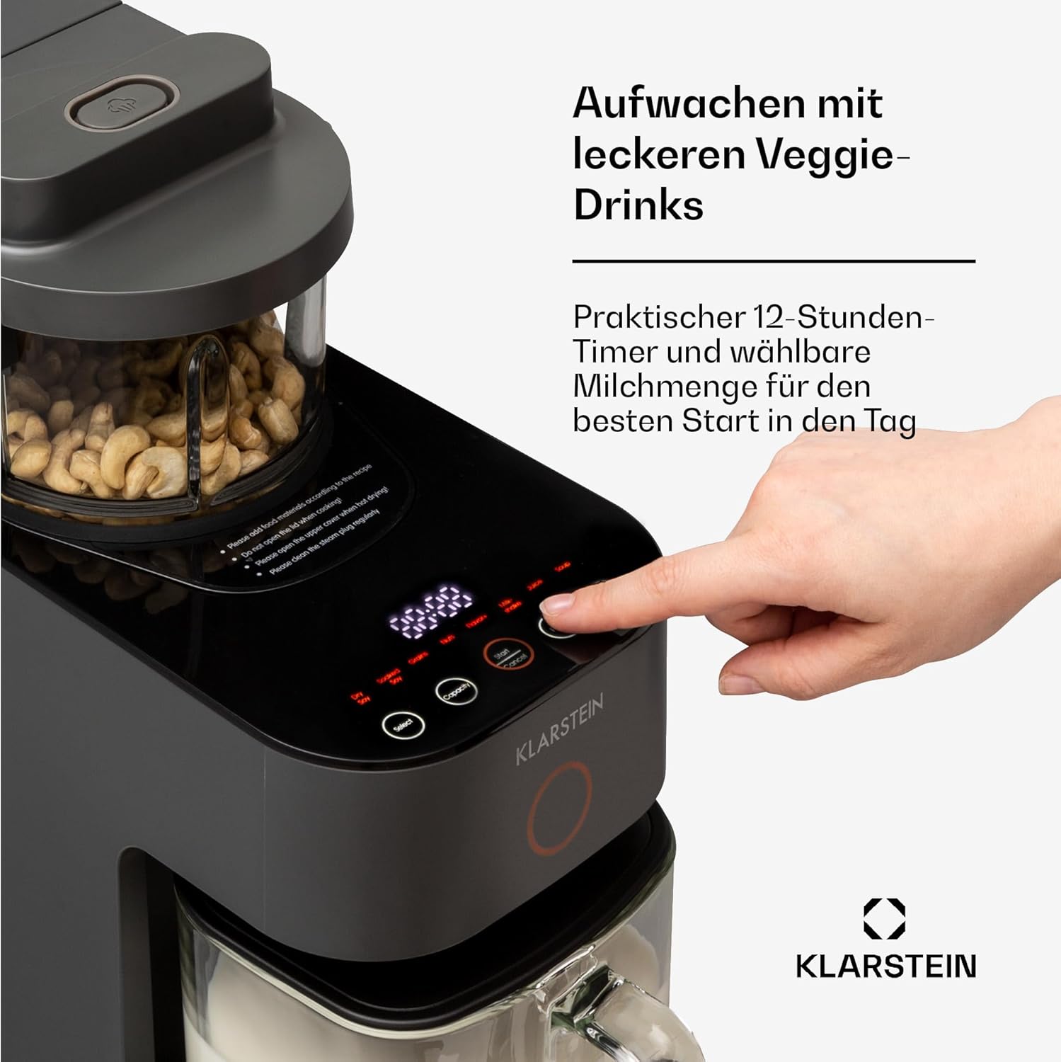 Klarstein Mixer, Standmixer mit 300 Motor- und 1250 Watt Heizleistung, Hochleistungsmixer für Pflanzenmilch Zubereitung, Smoothie Mixer mit 360° Heiztechnologie, 30.000 U/min, Touchscreen, Schwarz