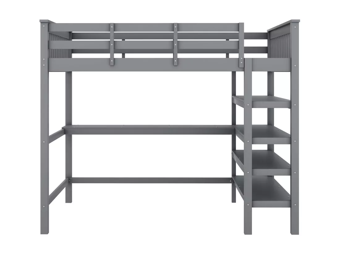 Lit mezzanine 140 x 200 cm avec bureau et étagères de rangement - Bois de pin + MDF - Gris