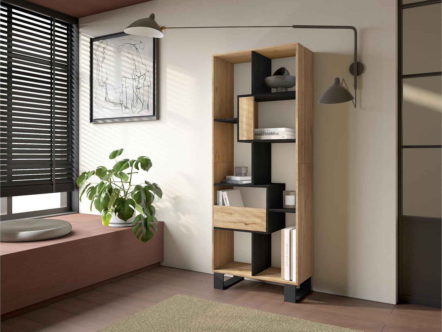 Skraut Home | Bücherregal Bibliothek | Bookshelf, Bookcase | 174x67x31cm | Industriedesign | Moderner Stil | Eiche und Schwarz