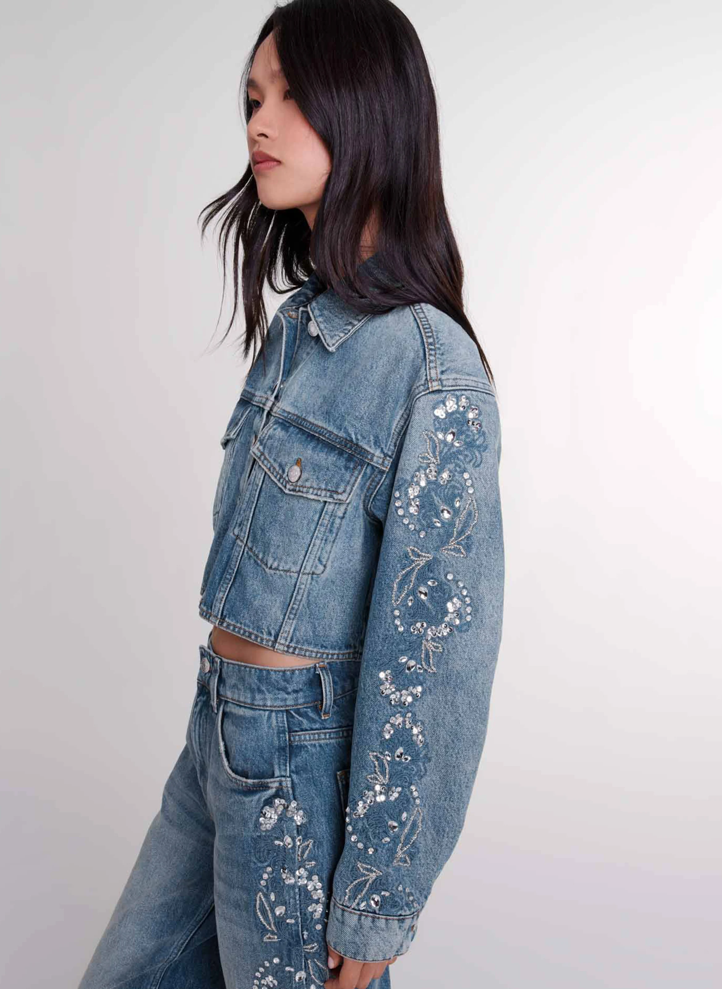 Veste en jean courte droite en coton | Bleu