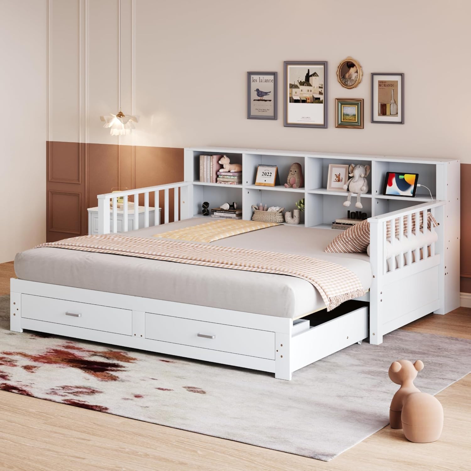 Ausziehbares Massivholz-Schlafsofa 90/180x190 cm, Kinderbett Tagesbett mit 2 Schubladen, Ladesteckdose und Stauschrank, Holzbett Daybett Jugendbett Funktionsbett mit Lattenrost, Ohne Matratze, Weiß